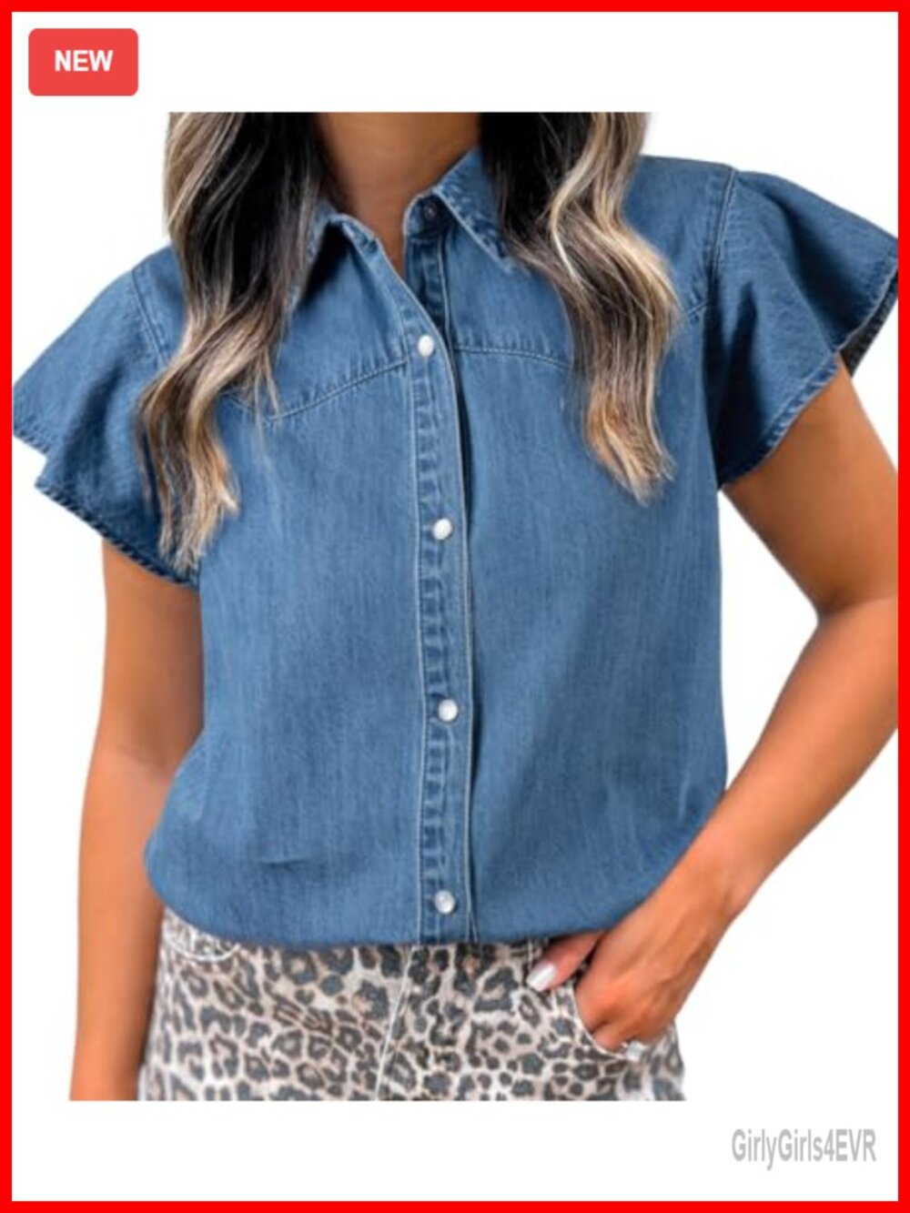 Ruffled Short Sleeve Button Down Denim Tunic Shirt Loose Fit